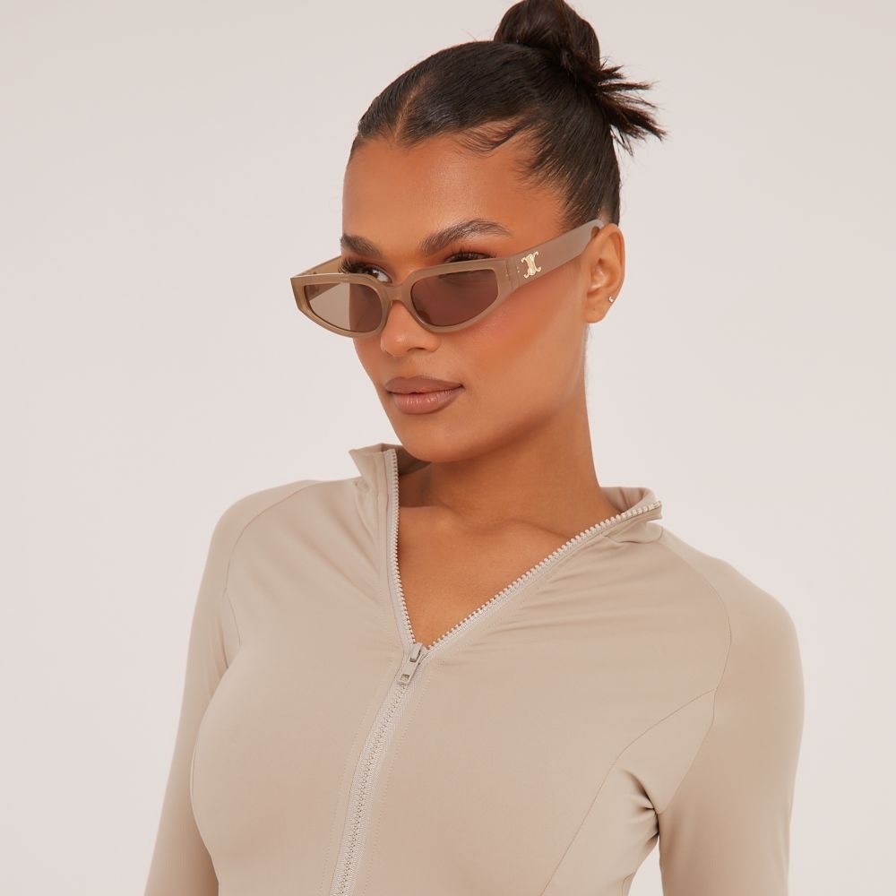 Cateye Shape Side Logo Detail Sunglasses In Nude
